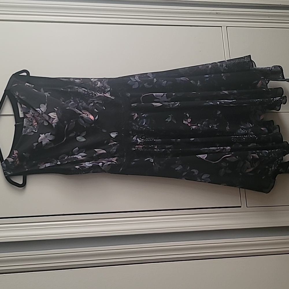 Black silk & chiffon floral sleeveless dress with assymetrical hem
